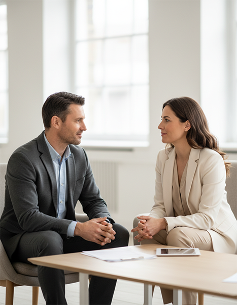 Un consultant et une responsable échangent calmement dans un bureau lumineux, autour d’une offre de mise en relation et de sourcing pour les services généraux.