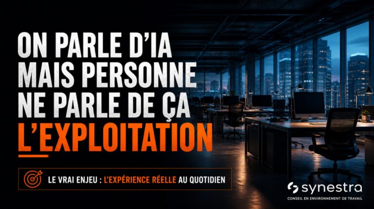 Dans un bureau ouvert de nuit, le message « On parle d’IA mais personne ne parle de ça » met l’exploitation et l’expérience réelle au centre chez Synestra.