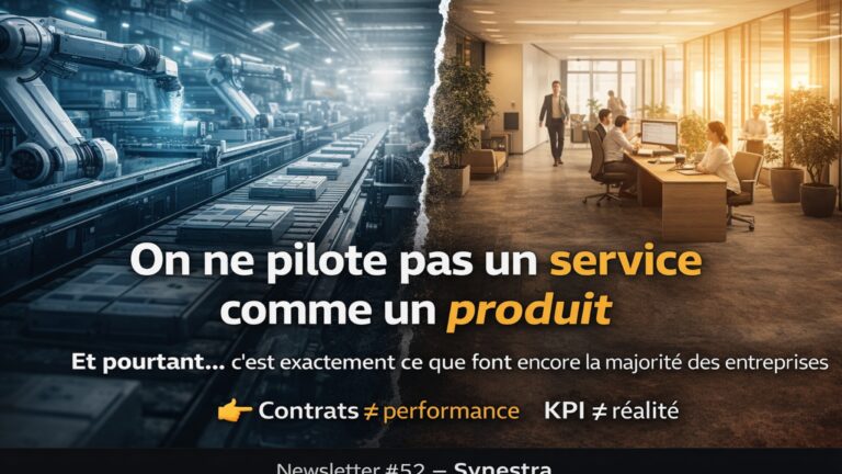 Contraste bleu et orange entre une chaîne industrielle et un bureau moderne, avec le message : « On ne pilote pas un service comme un produit », en clair.