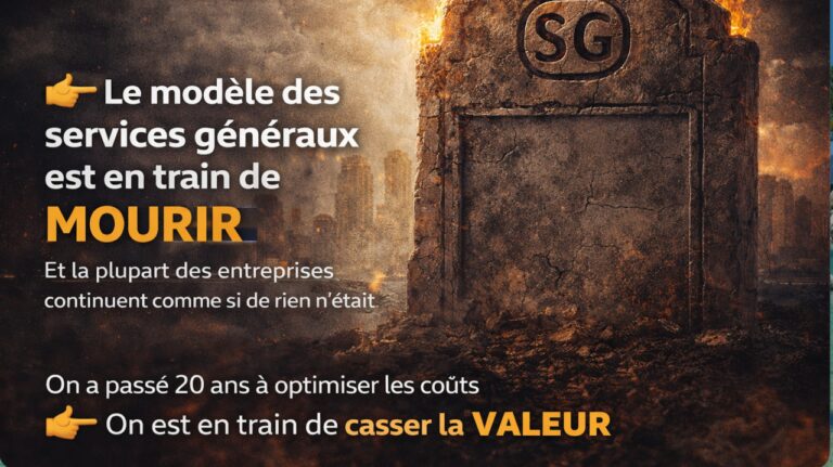 Un visuel sombre montre une pierre gravée SG au milieu de ruines embrasées, avec le message sur le modèle des services généraux qui meurt.